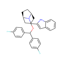 Fc1ccc(C(OC2C[C@@H]3CC[C@H](C2)N3Cc2cc3ccccc3[nH]2)c2ccc(F)cc2)cc1 ZINC000013864099