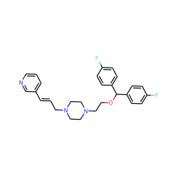 Fc1ccc(C(OCCN2CCN(C/C=C/c3cccnc3)CC2)c2ccc(F)cc2)cc1 ZINC000022938612