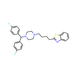 Fc1ccc(C(c2ccc(F)cc2)N2CCN(CCCCc3nc4ccccc4s3)CC2)cc1 ZINC000653903327