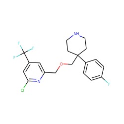 Fc1ccc(C2(COCc3cc(C(F)(F)F)cc(Cl)n3)CCNCC2)cc1 ZINC000095585913