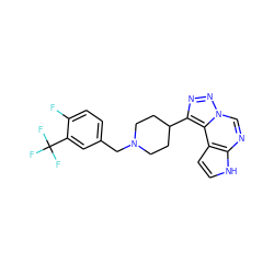 Fc1ccc(CN2CCC(c3nnn4cnc5[nH]ccc5c34)CC2)cc1C(F)(F)F ZINC001772606961