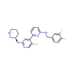 Fc1ccc(CNc2cccc(-c3cc(N[C@@H]4CCCNC4)ncc3Cl)n2)cc1F ZINC000169703692