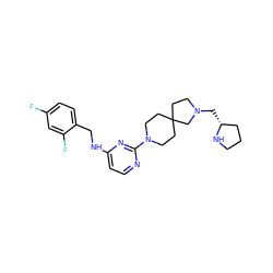 Fc1ccc(CNc2ccnc(N3CCC4(CCN(C[C@@H]5CCCN5)C4)CC3)n2)c(F)c1 ZINC000653847484