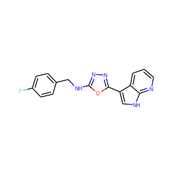 Fc1ccc(CNc2nnc(-c3c[nH]c4ncccc34)o2)cc1 ZINC000103245733