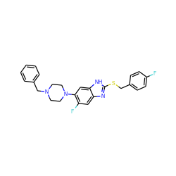 Fc1ccc(CSc2nc3cc(F)c(N4CCN(Cc5ccccc5)CC4)cc3[nH]2)cc1 ZINC000029048690