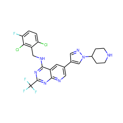 Fc1ccc(Cl)c(CNc2nc(C(F)(F)F)nc3ncc(-c4cnn(C5CCNCC5)c4)cc23)c1Cl ZINC000095563890