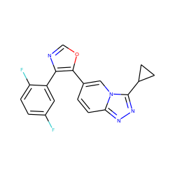 Fc1ccc(F)c(-c2ncoc2-c2ccc3nnc(C4CC4)n3c2)c1 ZINC000003948884