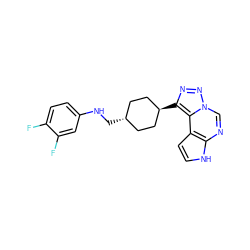 Fc1ccc(NC[C@H]2CC[C@H](c3nnn4cnc5[nH]ccc5c34)CC2)cc1F ZINC001772618971