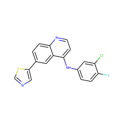 Fc1ccc(Nc2ccnc3ccc(-c4cncs4)cc23)cc1Cl ZINC000299852249