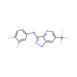 Fc1ccc(Nc2n[nH]c3cc(C(F)(F)F)cnc23)cc1F ZINC001772597638