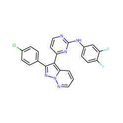 Fc1ccc(Nc2nccc(-c3c(-c4ccc(Cl)cc4)nn4ncccc34)n2)cc1F ZINC000013582714