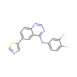 Fc1ccc(Nc2ncnc3ccc(-c4cncs4)cc23)cc1Cl ZINC000299852338