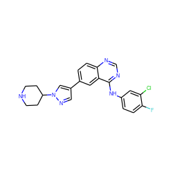 Fc1ccc(Nc2ncnc3ccc(-c4cnn(C5CCNCC5)c4)cc23)cc1Cl ZINC000653837932