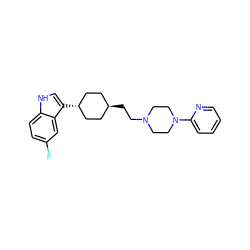 Fc1ccc2[nH]cc([C@H]3CC[C@H](CCN4CCN(c5ccccn5)CC4)CC3)c2c1 ZINC000253636402