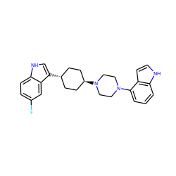 Fc1ccc2[nH]cc([C@H]3CC[C@H](N4CCN(c5cccc6[nH]ccc56)CC4)CC3)c2c1 ZINC000101004112