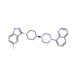 Fc1ccc2[nH]cc([C@H]3CC[C@H](N4CCN(c5cccc6cccnc56)CC4)CC3)c2c1 ZINC000101181587