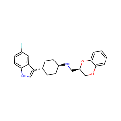 Fc1ccc2[nH]cc([C@H]3CC[C@H](NC[C@@H]4COc5ccccc5O4)CC3)c2c1 ZINC000101030948