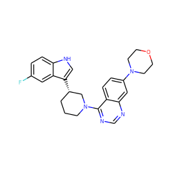 Fc1ccc2[nH]cc([C@H]3CCCN(c4ncnc5cc(N6CCOCC6)ccc45)C3)c2c1 ZINC000205134273