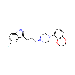 Fc1ccc2[nH]cc(CCCN3CCN(c4cccc5c4OCCO5)CC3)c2c1 ZINC000013674817