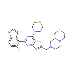 Fc1ccc2[nH]ccc2c1-c1nc(N2CCOCC2)c2sc(CN3CCN4CCOC[C@H]4C3)cc2n1 ZINC000095554413