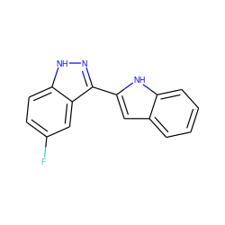 Fc1ccc2[nH]nc(-c3cc4ccccc4[nH]3)c2c1 ZINC000033967004