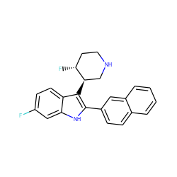 Fc1ccc2c([C@@H]3CNCC[C@H]3F)c(-c3ccc4ccccc4c3)[nH]c2c1 ZINC000013862744