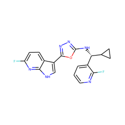 Fc1ccc2c(-c3nnc(N[C@@H](c4cccnc4F)C4CC4)o3)c[nH]c2n1 ZINC000103247497