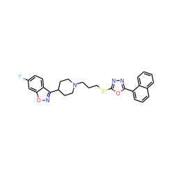 Fc1ccc2c(C3CCN(CCCSc4nnc(-c5cccc6ccccc56)o4)CC3)noc2c1 ZINC000199107694