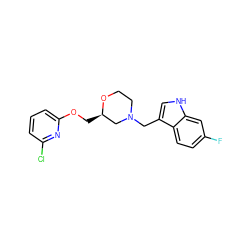 Fc1ccc2c(CN3CCO[C@H](COc4cccc(Cl)n4)C3)c[nH]c2c1 ZINC000653708442