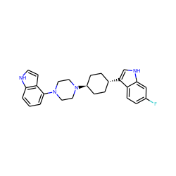 Fc1ccc2c(c1)[nH]cc2[C@H]1CC[C@H](N2CCN(c3cccc4[nH]ccc34)CC2)CC1 ZINC000101182320