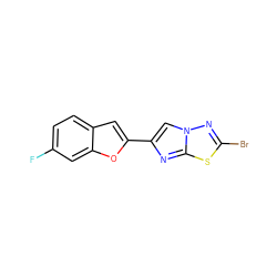 Fc1ccc2cc(-c3cn4nc(Br)sc4n3)oc2c1 ZINC000653682138