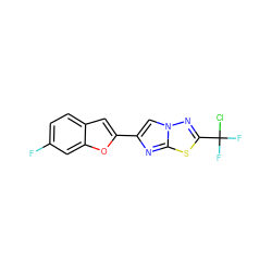 Fc1ccc2cc(-c3cn4nc(C(F)(F)Cl)sc4n3)oc2c1 ZINC000653686236