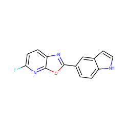 Fc1ccc2nc(-c3ccc4[nH]ccc4c3)oc2n1 ZINC000095559136