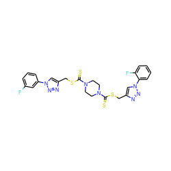 Fc1cccc(-n2cc(CSC(=S)N3CCN(C(=S)SCc4cn(-c5ccccc5F)nn4)CC3)nn2)c1 ZINC001772628243