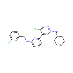 Fc1cccc(CNc2cccc(-c3cc(N[C@H]4CC=CCC4)ncc3Cl)n2)c1 ZINC000115456995