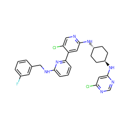 Fc1cccc(CNc2cccc(-c3cc(N[C@H]4CC[C@H](Nc5cc(Cl)ncn5)CC4)ncc3Cl)n2)c1 ZINC000261143200