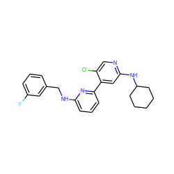 Fc1cccc(CNc2cccc(-c3cc(NC4CCCCC4)ncc3Cl)n2)c1 ZINC000169703741