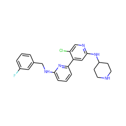 Fc1cccc(CNc2cccc(-c3cc(NC4CCNCC4)ncc3Cl)n2)c1 ZINC000115457612