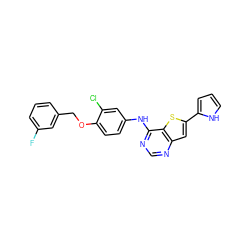 Fc1cccc(COc2ccc(Nc3ncnc4cc(-c5ccc[nH]5)sc34)cc2Cl)c1 ZINC000040913833