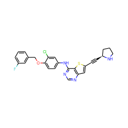 Fc1cccc(COc2ccc(Nc3ncnc4cc(C#C[C@H]5CCCN5)sc34)cc2Cl)c1 ZINC000040430005