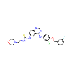 Fc1cccc(COc2ccc(Nc3ncnc4ccc(NC(=S)NCCN5CCOCC5)cc34)cc2Cl)c1 ZINC000653897492