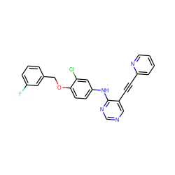 Fc1cccc(COc2ccc(Nc3ncncc3C#Cc3ccccn3)cc2Cl)c1 ZINC000034799991