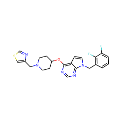 Fc1cccc(Cn2ccc3c(OC4CCN(Cc5cscn5)CC4)ncnc32)c1F ZINC000084605430