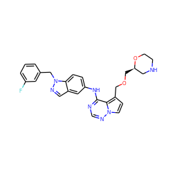 Fc1cccc(Cn2ncc3cc(Nc4ncnn5ccc(COC[C@@H]6CNCCO6)c45)ccc32)c1 ZINC000013983241