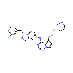 Fc1cccc(Cn2ncc3cc(Nc4ncnn5ccc(COC[C@H]6CCCNC6)c45)ccc32)c1 ZINC000028901099