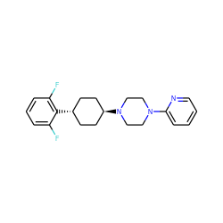 Fc1cccc(F)c1[C@H]1CC[C@H](N2CCN(c3ccccn3)CC2)CC1 ZINC000100085753