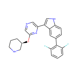 Fc1cccc(F)c1-c1ccc2[nH]cc(-c3cncc(O[C@@H]4CCCNC4)n3)c2c1 ZINC000150071418