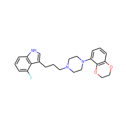 Fc1cccc2[nH]cc(CCCN3CCN(c4cccc5c4OCCO5)CC3)c12 ZINC000013674815