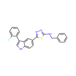 Fc1ccccc1-c1c[nH]c2ccc(-c3nnc(NCc4ccccc4)s3)cc12 ZINC000204773474