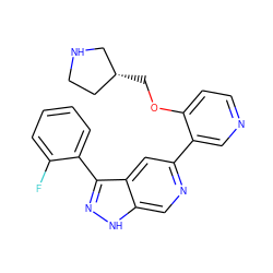 Fc1ccccc1-c1n[nH]c2cnc(-c3cnccc3OC[C@@H]3CCNC3)cc12 ZINC000205249133